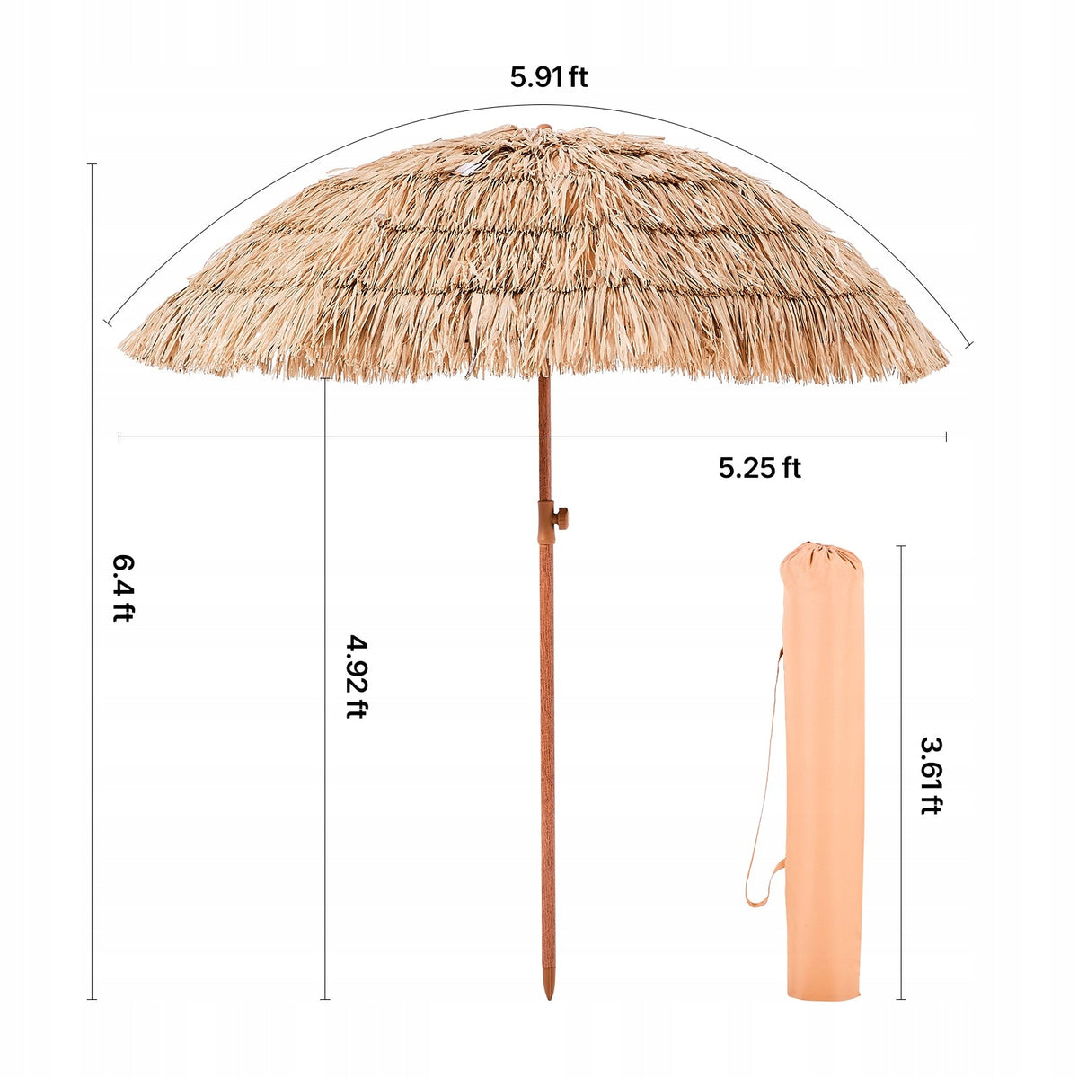 VEVOR 2M HAWAIIAN STRAW PARASOL, TILTING, HEAVY-DUTY, FOR PATIO AND BEACH
