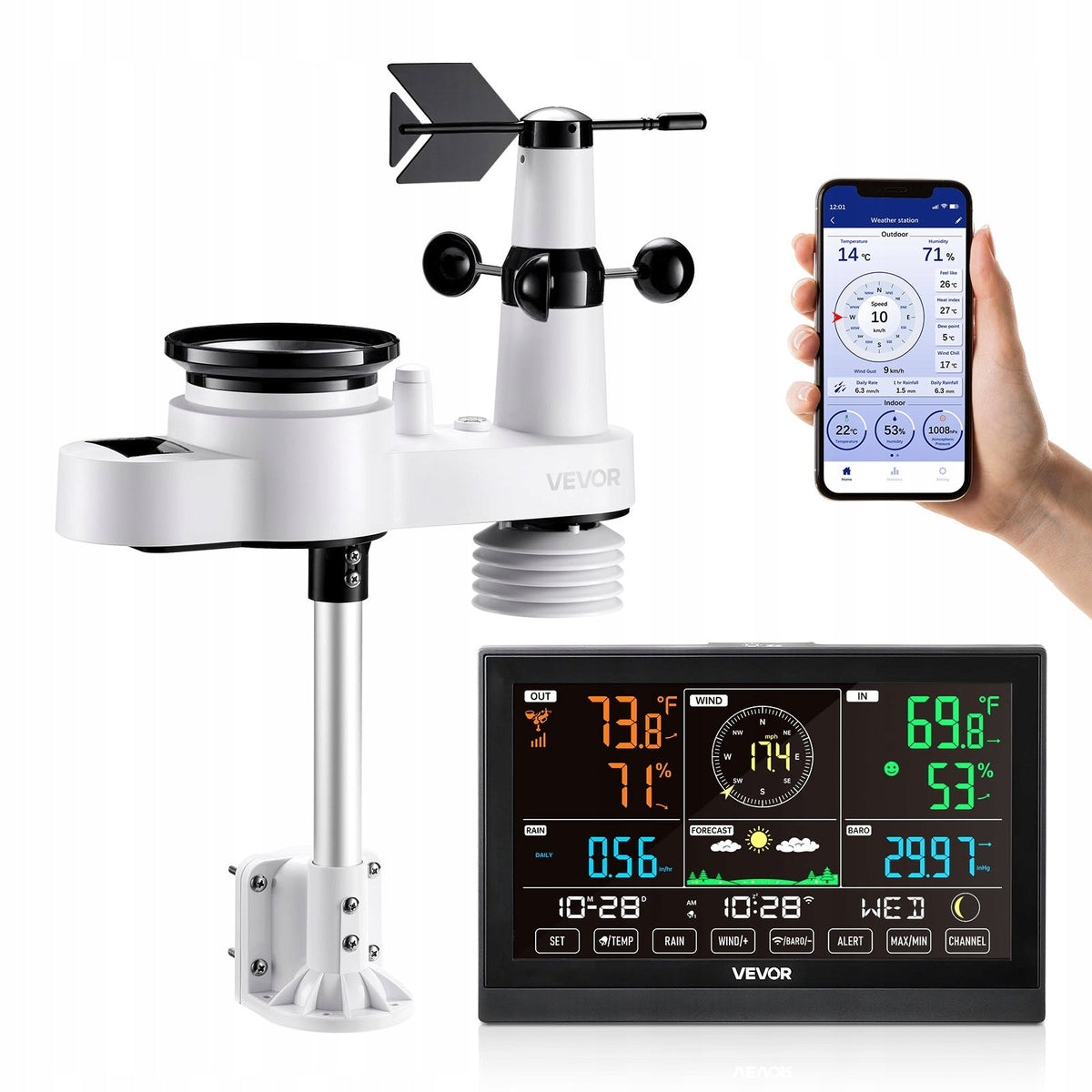 VEVOR 5-in-1 WiFi Weather Station with 7.5-inch VA Display, Solar Powered