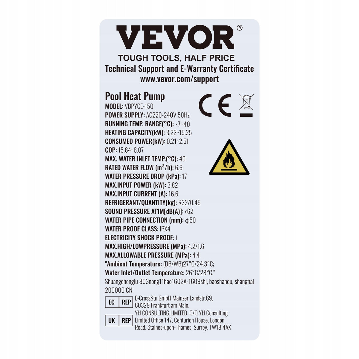 VEVOR ELECTRIC SWIMMING POOL HEAT PUMP 3.22-15.25KW POWERFUL