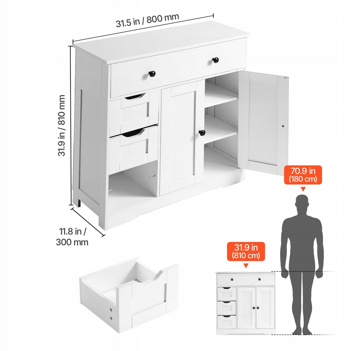 VEVOR 4-TIER WOODEN BATHROOM CABINET 2 DOORS 4 DRAWERS WHITE PREMIUM