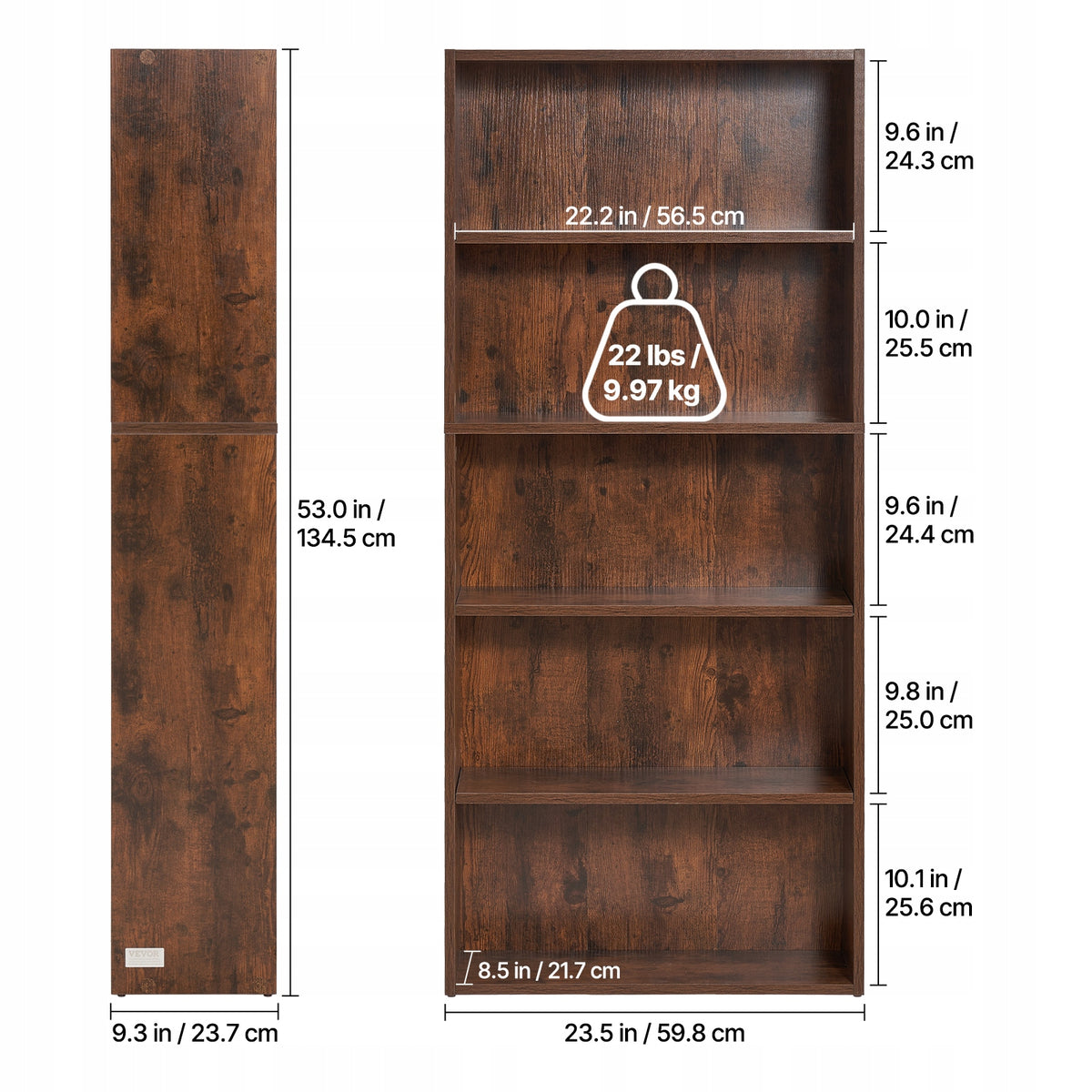 VEVOR SLIM BOOKCASE 5 TIERS ADJUSTABLE SHELVES STURDY BROWN