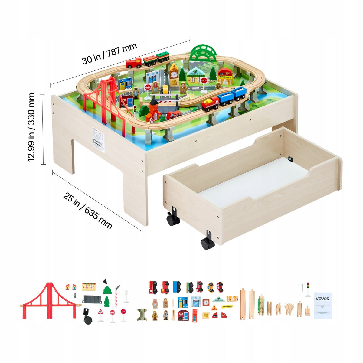VEVOR WOODEN PLAY TABLE 100 PIECES TRAIN SET STRONG SOLID