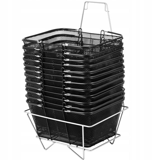 VEVOR HEAVY-DUTY BLACK METAL SHOPPING BASKETS, 12 PCS, WITH HANDLES AND STAND
