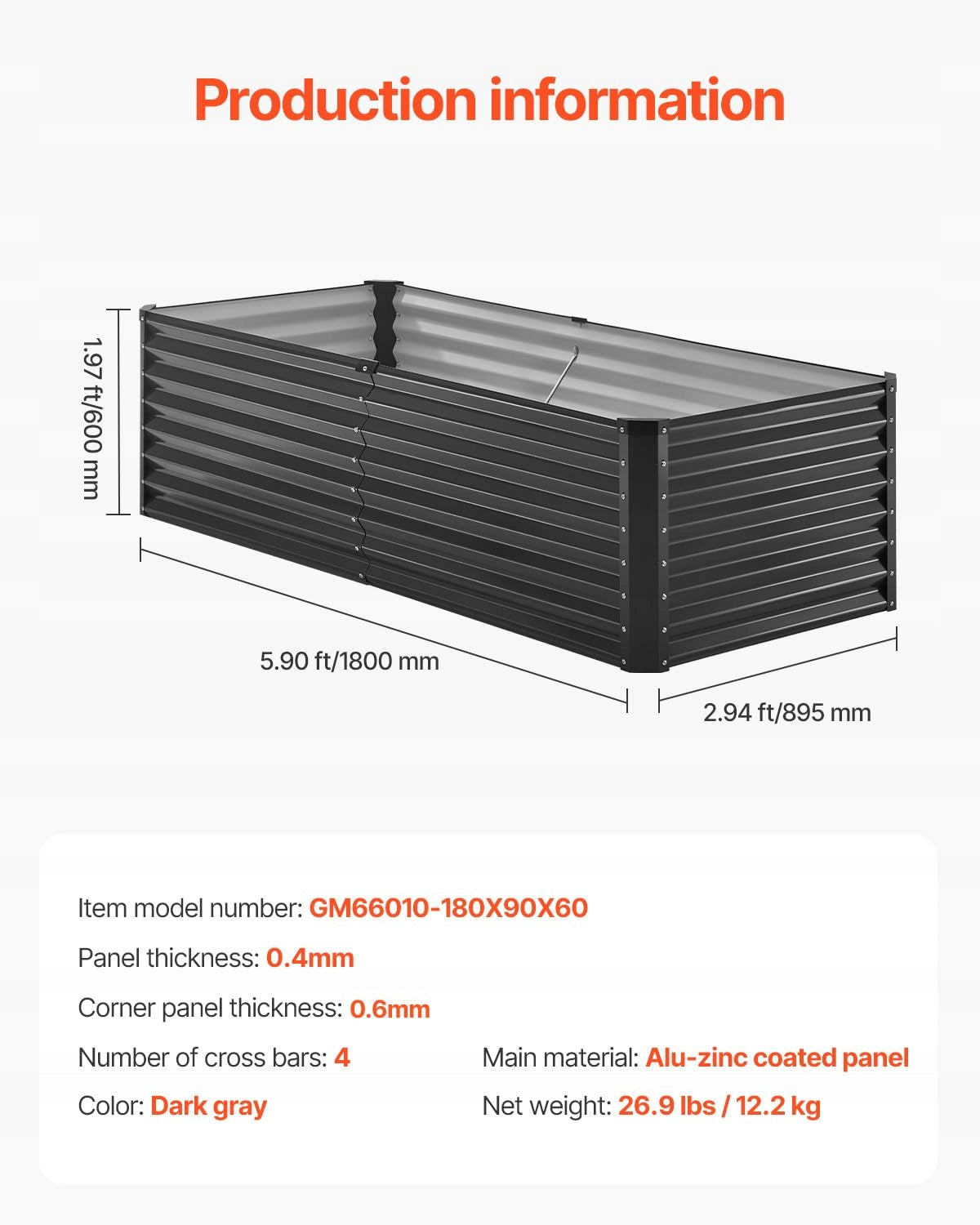 VEVOR 180X90X60 CM METAL RAISED GARDEN BED GALVANIZED SOLID PLANTER