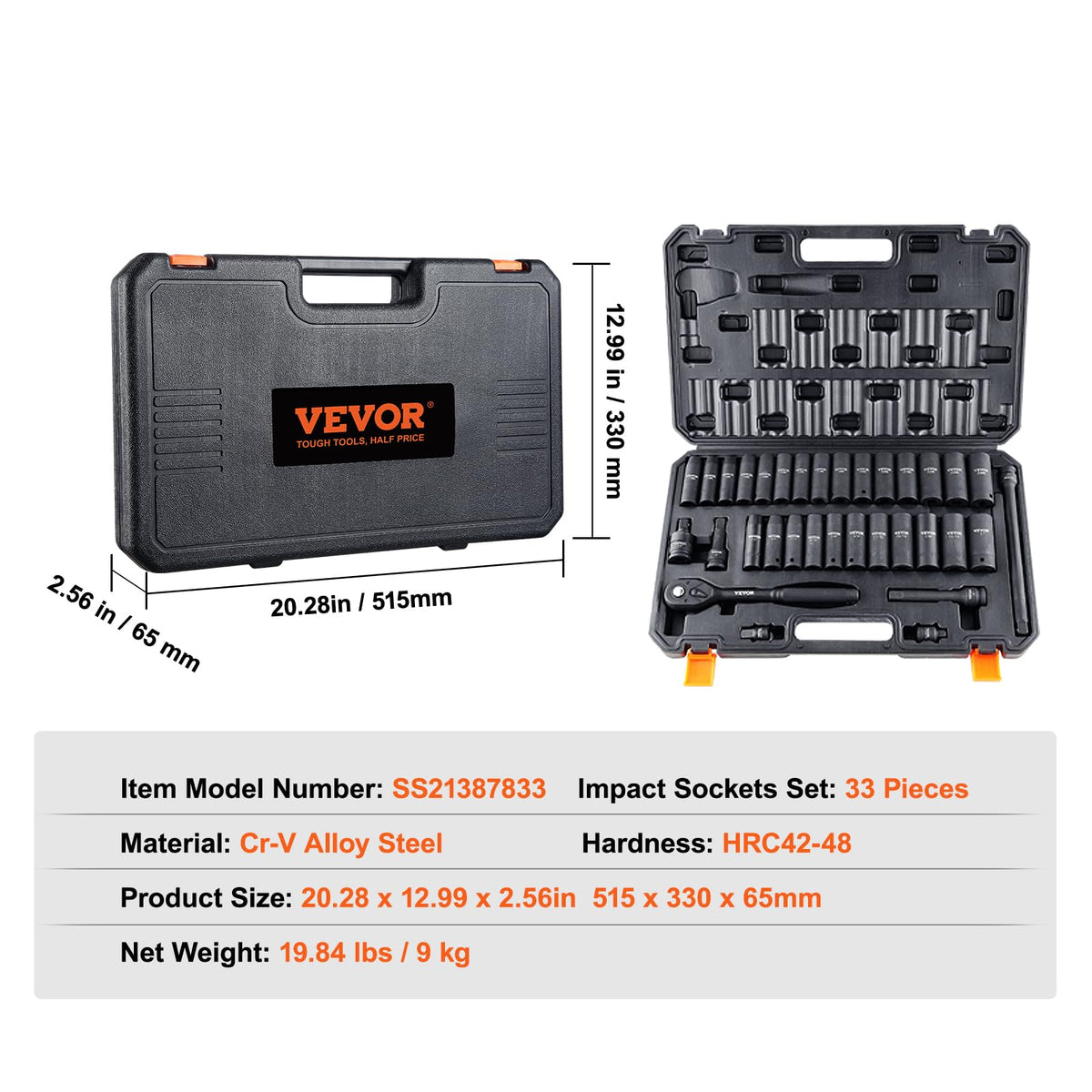 VEVOR 1/2 INCH CR-V SOCKET SET 33-PIECE STRONG CASE