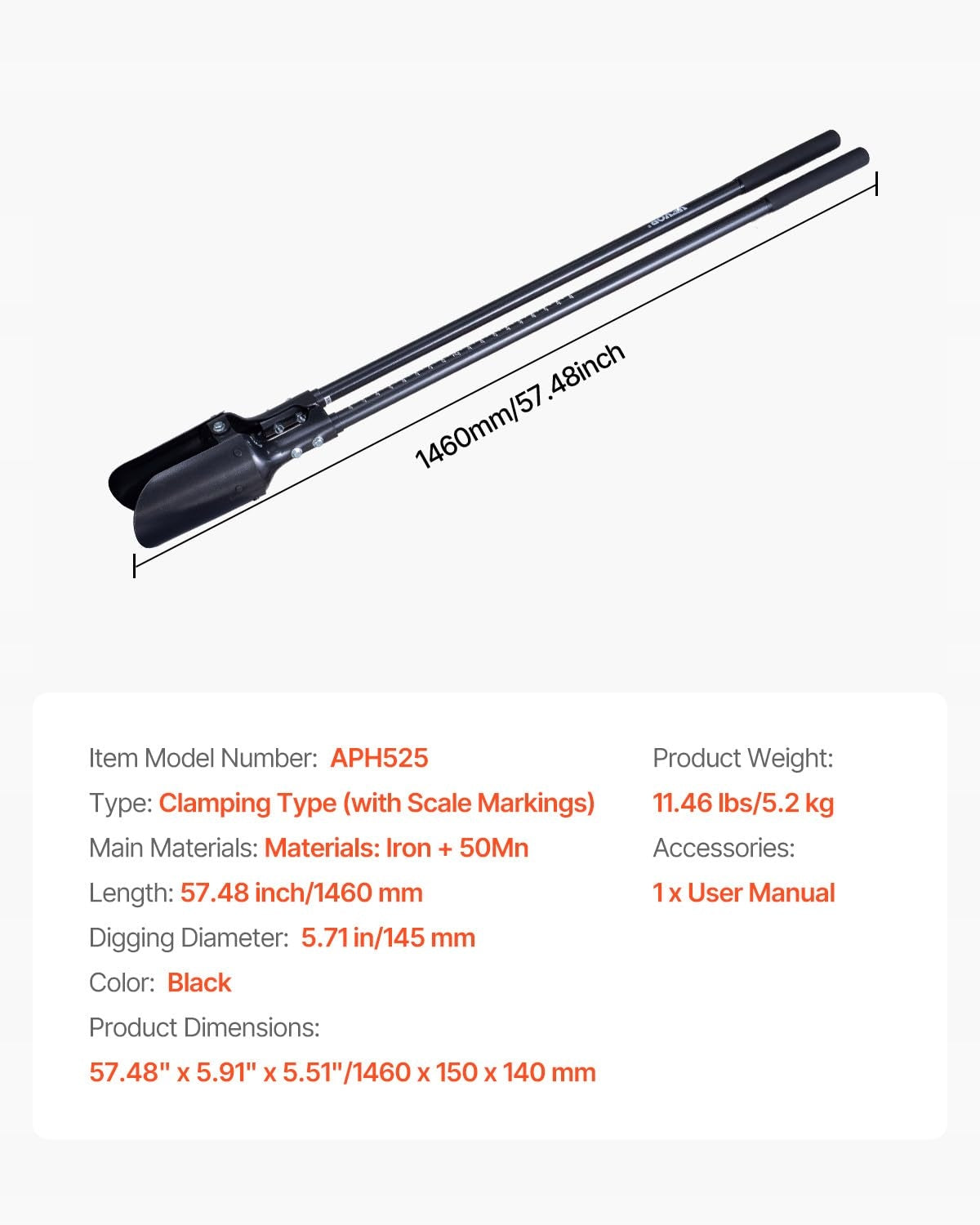 PROFESSIONAL VEVOR 146 CM EARTH HOLE DIGGER STRONG METAL WEDGE