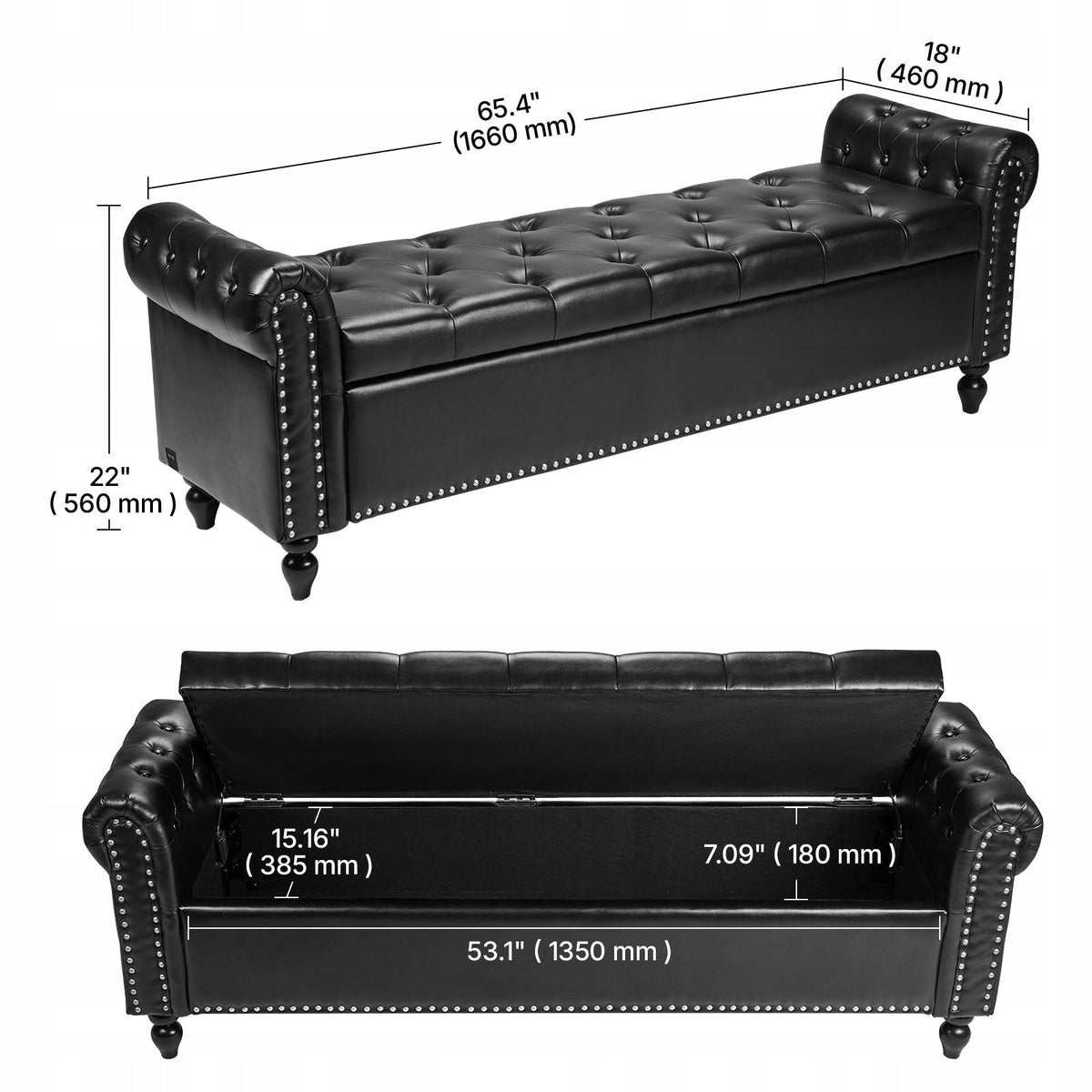 VEVOR OTTOMAN BENCH PU LEATHER WITH WOODEN LEGS 166X46X56 CM BLACK