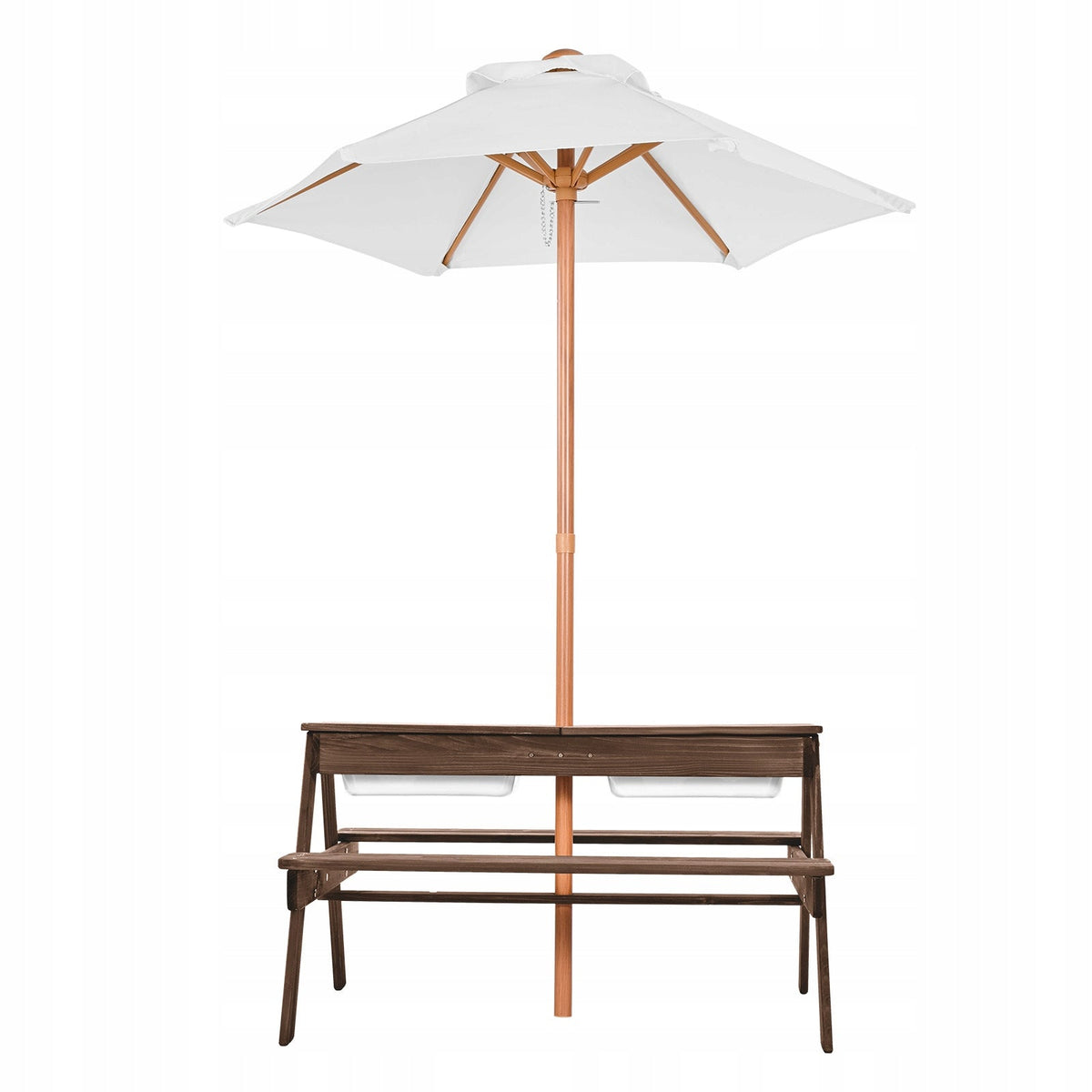VEVOR PICNIC TABLE WITH REMOVABLE UMBRELLA AND 2 WOODEN BENCHES SOLID
