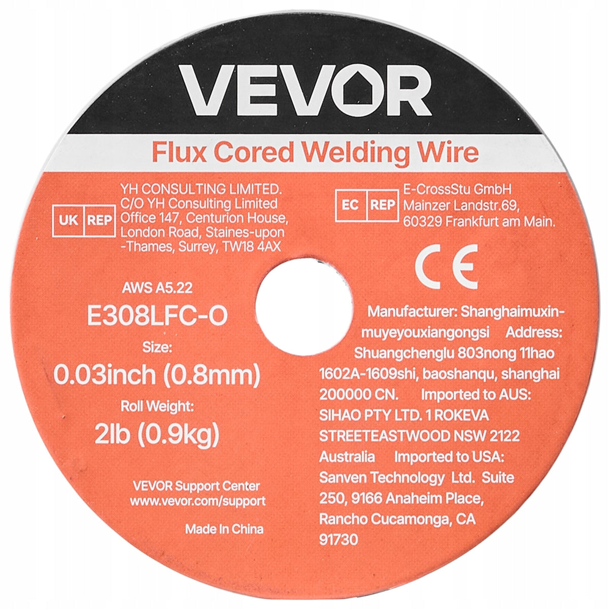 VEVOR FLUX CORED WIRE 0.8MM 0.9KG FOR MIG WELDING E308LFC-O GASLESS