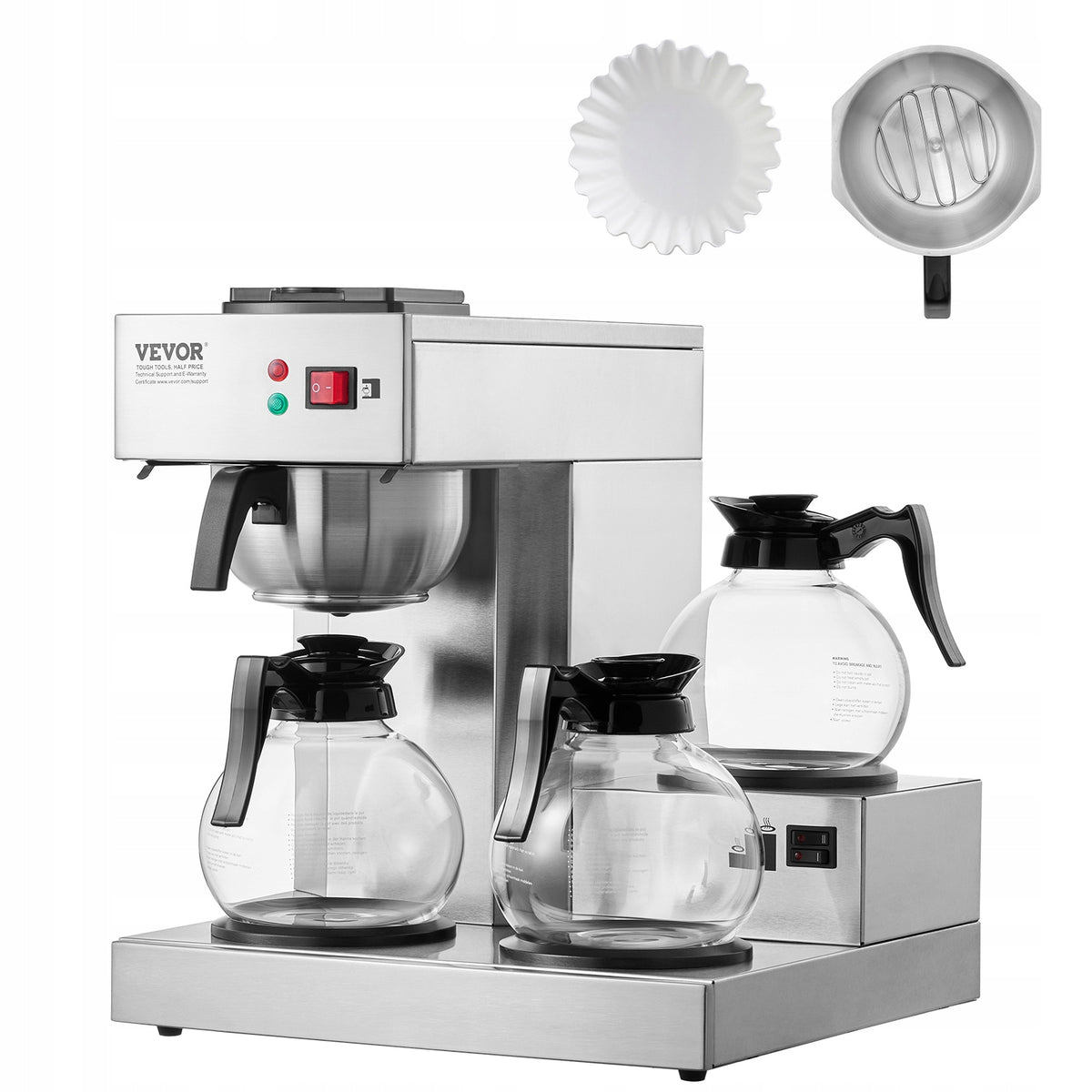 VEVOR 12-Cup Commercial Drip Coffee Maker with 3 Glass Carafes