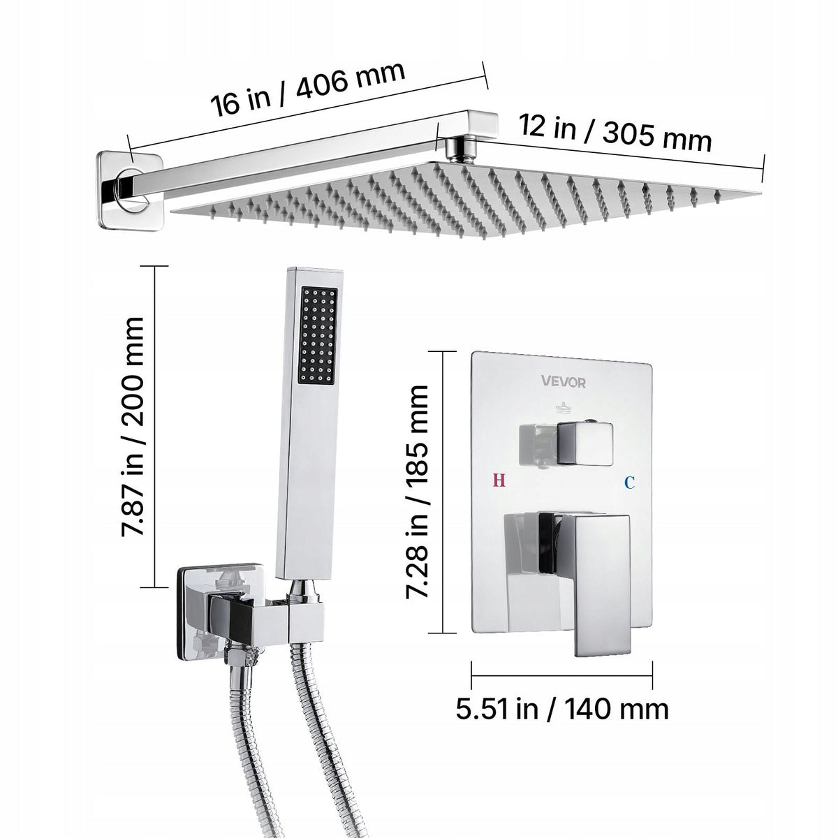 VEVOR PROFESSIONAL SHOWER FAUCET WITH 12-INCH SQUARE RAIN SHOWER HEAD