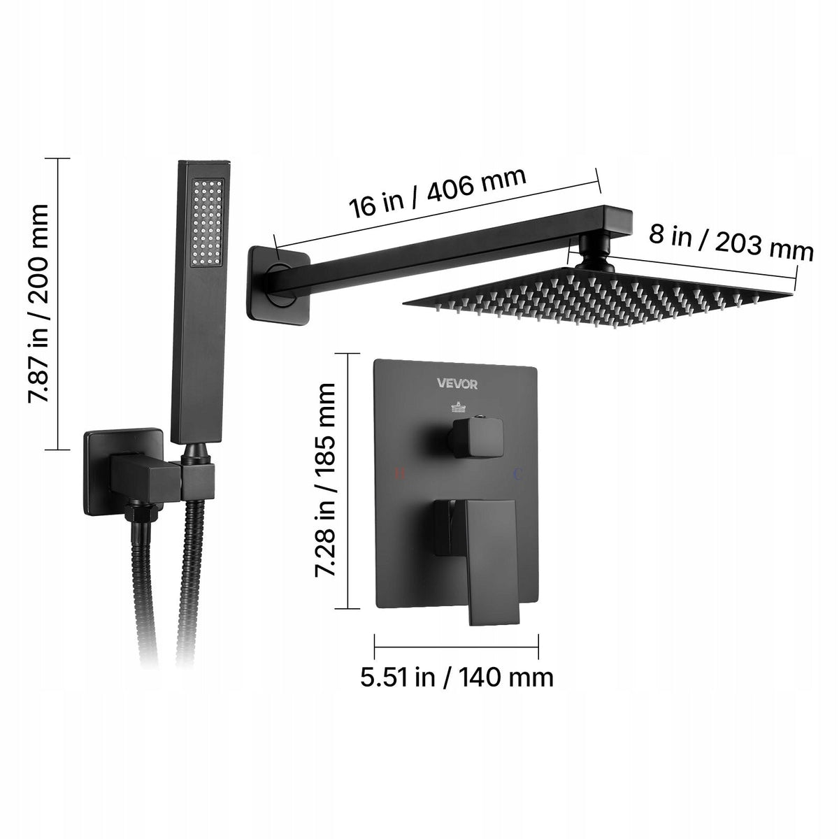 VEVOR PROFESSIONAL SHOWER FAUCET WITH 8-INCH SQUARE RAIN SHOWER HEAD