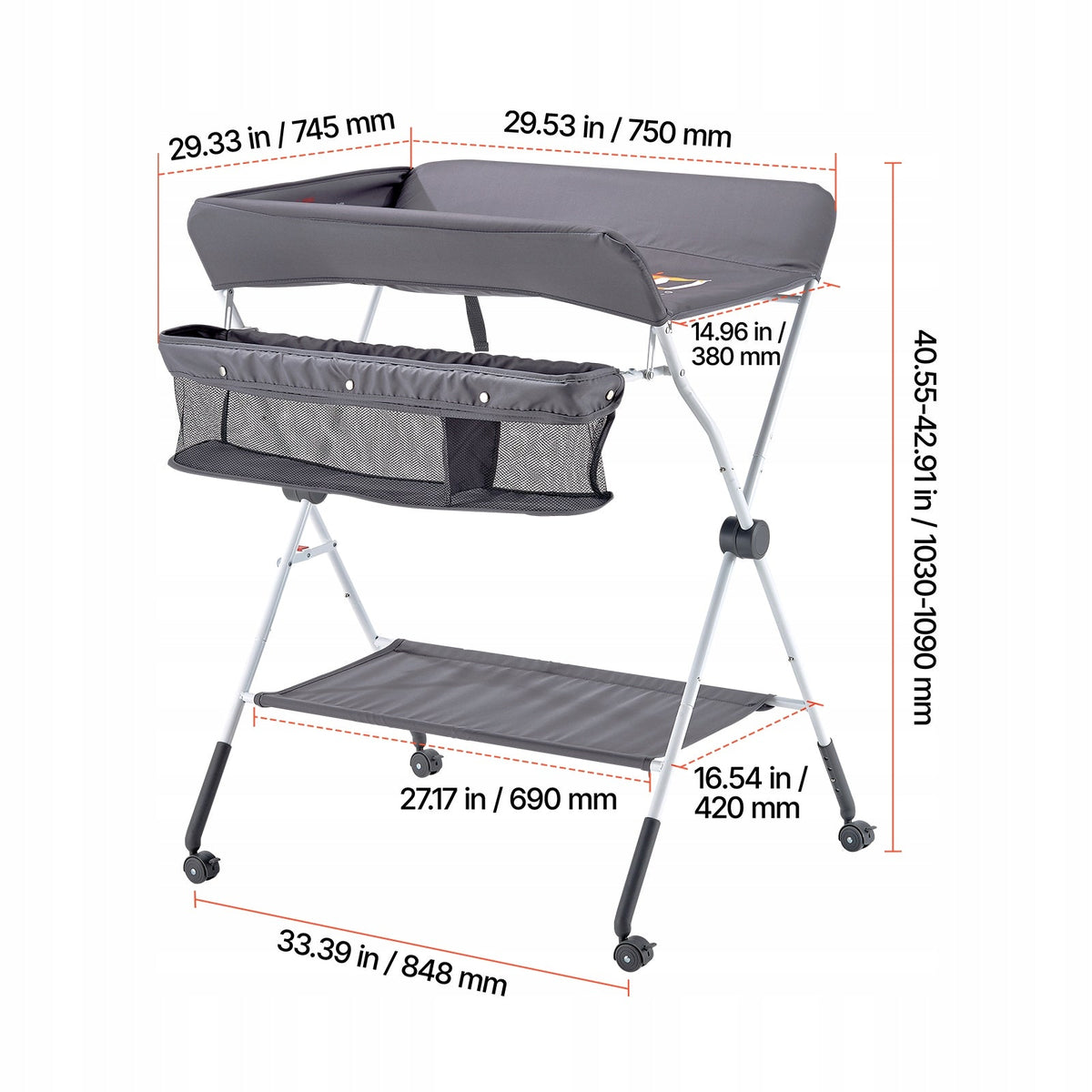 VEVOR FOLDABLE CHANGING TABLE WITH SIDE BASKET, 4-LEVEL HEIGHT ADJUSTABLE