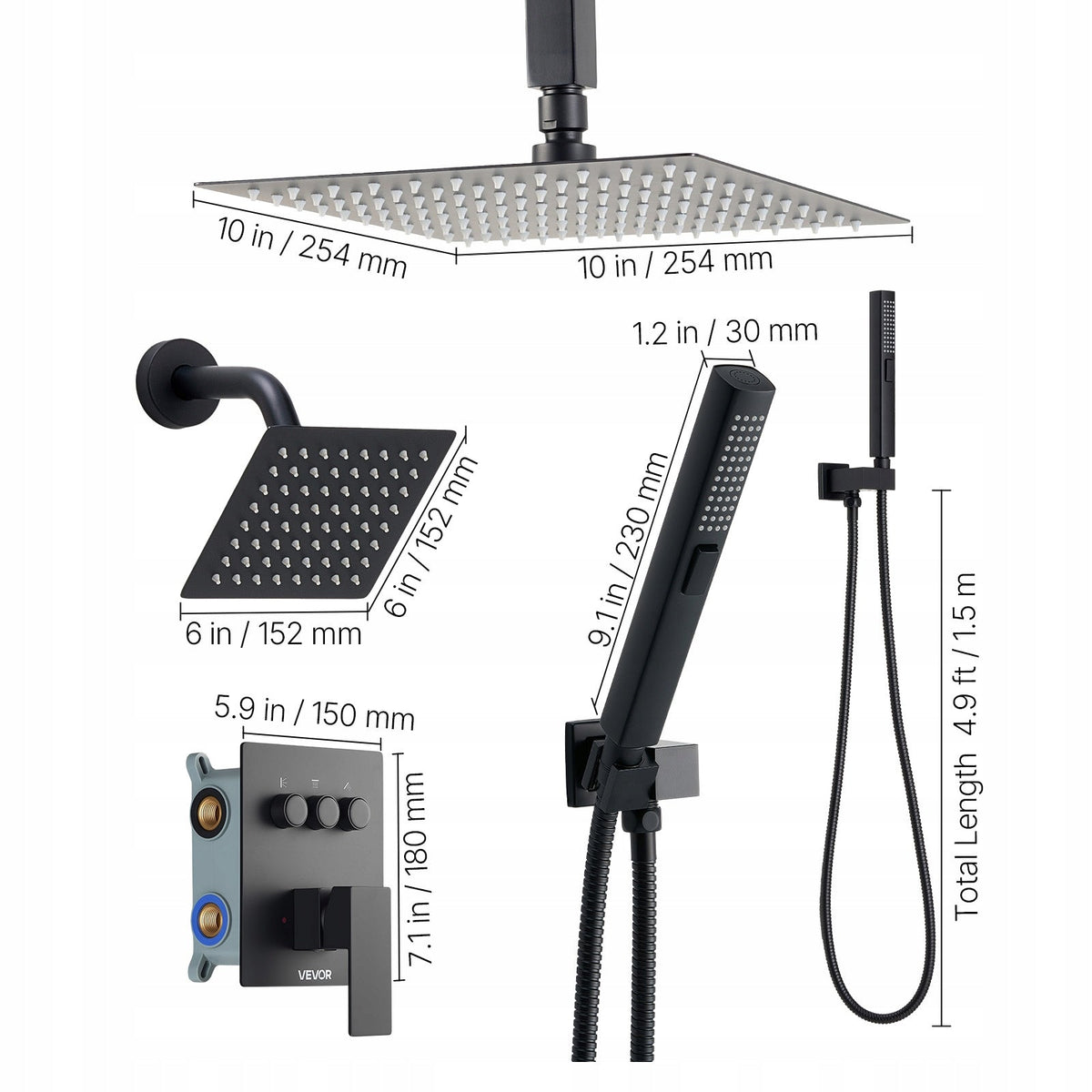 VEVOR SHOWER SET 10 INCH RAIN SHOWER HEAD POWERFUL MATTE BLACK