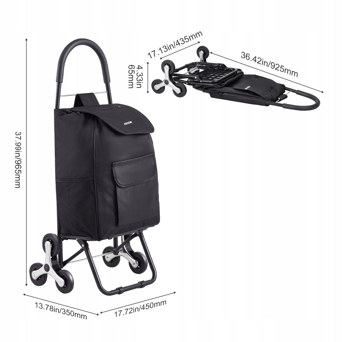 VEVOR PROFESSIONAL FOLDABLE STAIR CLIMBER TROLLEY 36L 6 WHEELS 450X350X965 MM BLACK