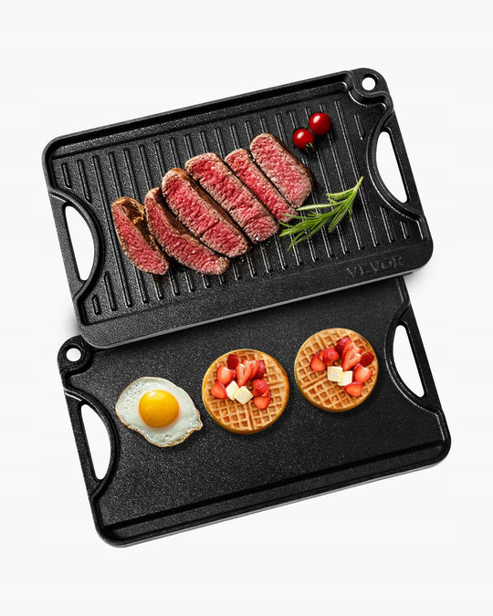 VEVOR PROFESSIONAL REVERSIBLE CAST IRON GRILL AND GRIDDLE 185X342MM BLACK