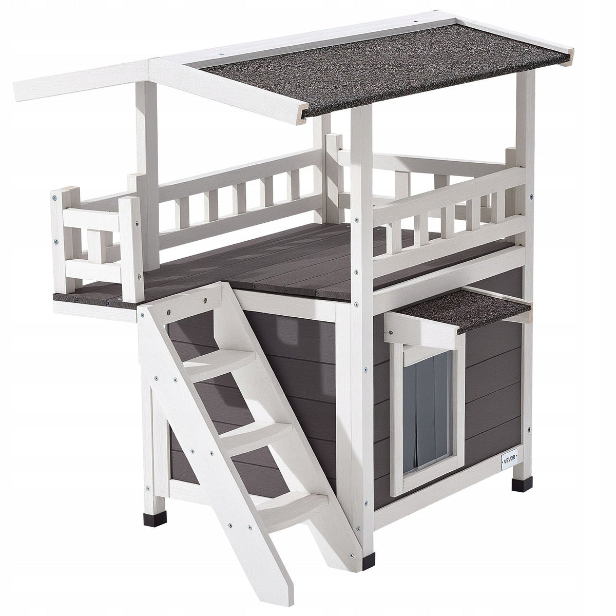 VEVOR TWO-TIER WOODEN CAT HOUSE WITH BALCONY AND STAIRS FOR
