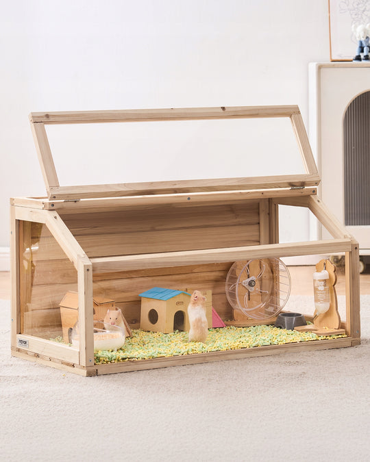 VEVOR WOODEN HAMSTER CAGE WITH NEST AND 270-DEGREE VIEW NATURAL