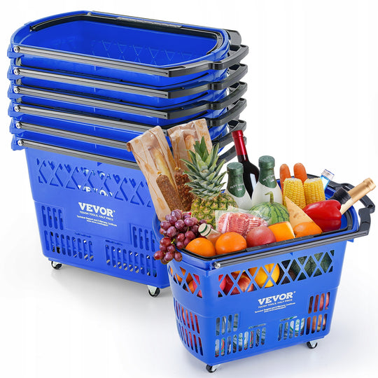 VEVOR HEAVY DUTY SHOPPING BASKETS 6 PCS 39L PLASTIC TROLLEY WITH WHEELS BLUE