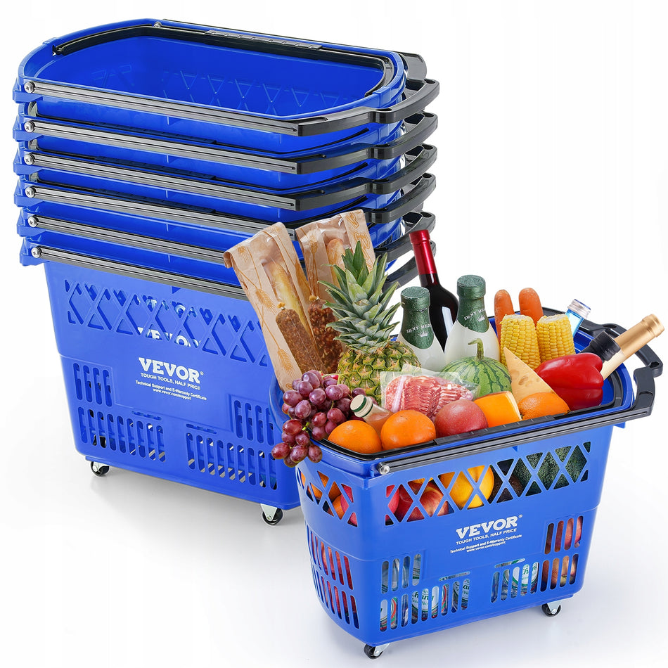 VEVOR HEAVY DUTY SHOPPING BASKETS 6 PCS 39L PLASTIC TROLLEY WITH WHEELS BLUE