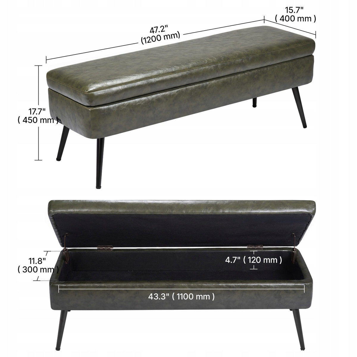 VEVOR OTTOMAN BENCH FAUX LEATHER WITH STORAGE 400X1200X450 MM STRONG GREEN