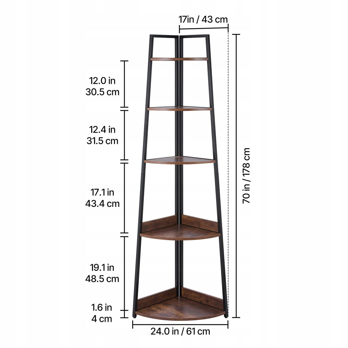 PROFESSIONAL VEVOR 5-TIER CORNER SHELF BLACK FRAME WOODEN SHELVES