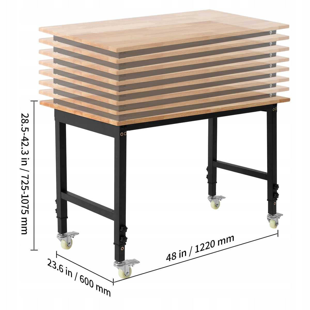 VEVOR WORKBENCH 680 KG OAK TOP 122X60 CM ADJUSTABLE ON CASTERS