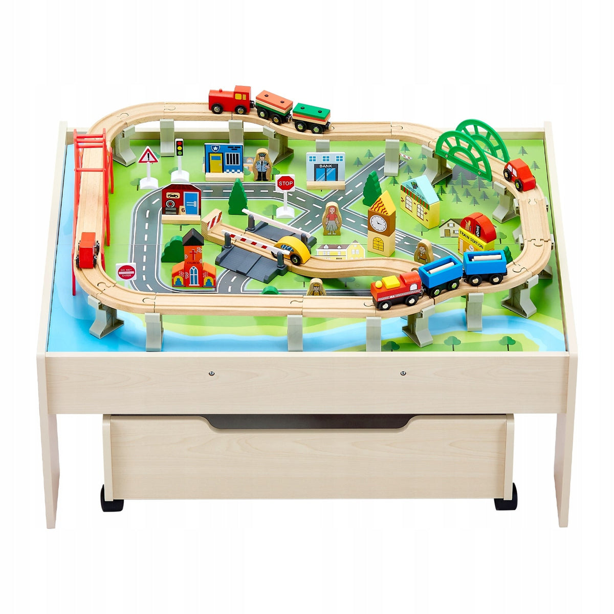 VEVOR WOODEN PLAY TABLE 100 PIECES TRAIN SET STRONG SOLID