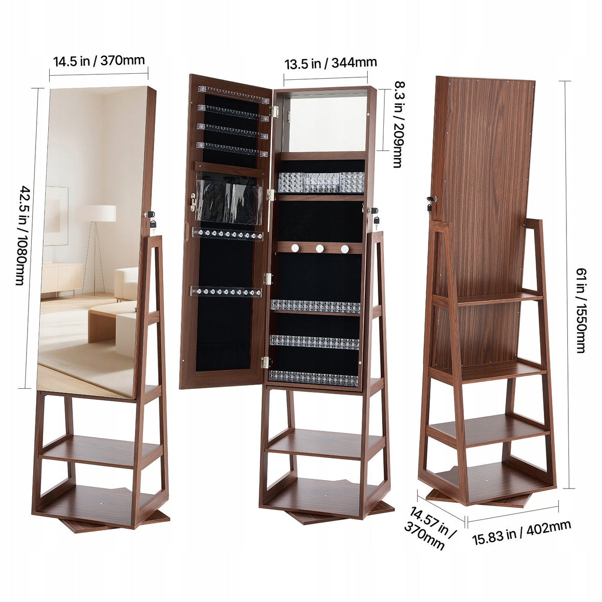 VEVOR 360 ROTATING JEWELRY CABINET WITH MIRROR 155 CM PREMIUM ORGANIZER
