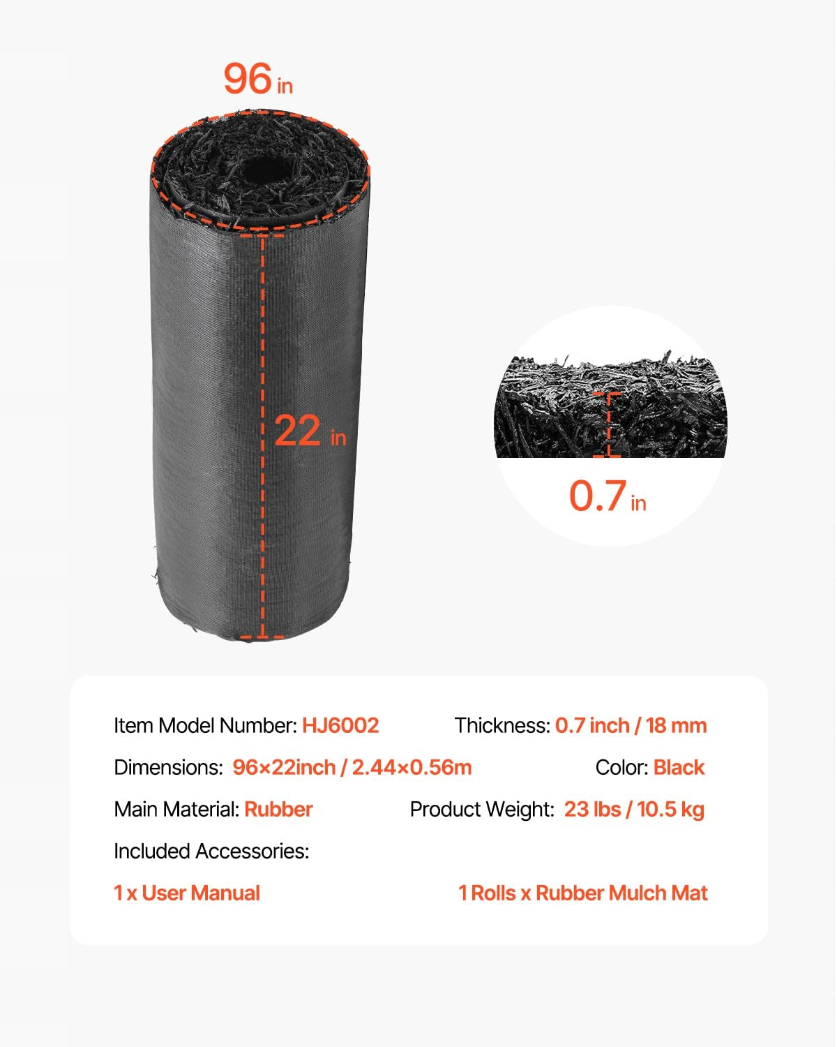 VEVOR RUBBER MULCH 2.44X0.56M GARDEN PATH MAT DURABLE BLACK