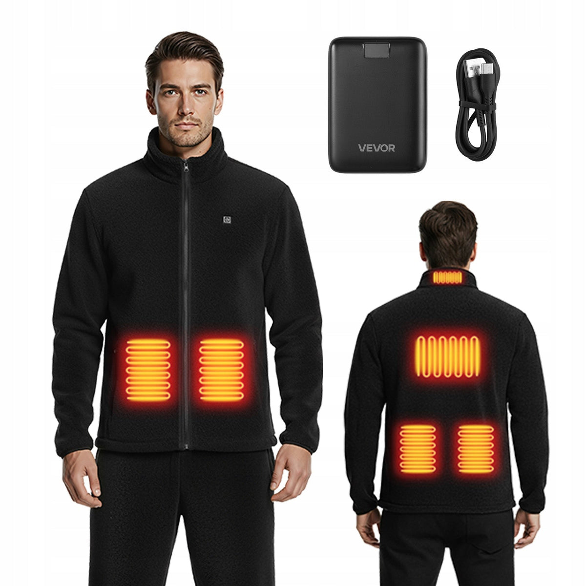 VEVOR HEATED POLAR FLEECE JACKET MEN'S 6-ZONE 16000MAH BLACK
