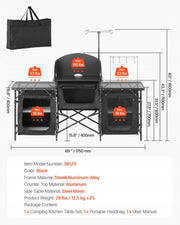 VEVOR PORTABLE CAMPING KITCHEN TABLE ALUMINIUM WITH 3 CABINETS BLACK