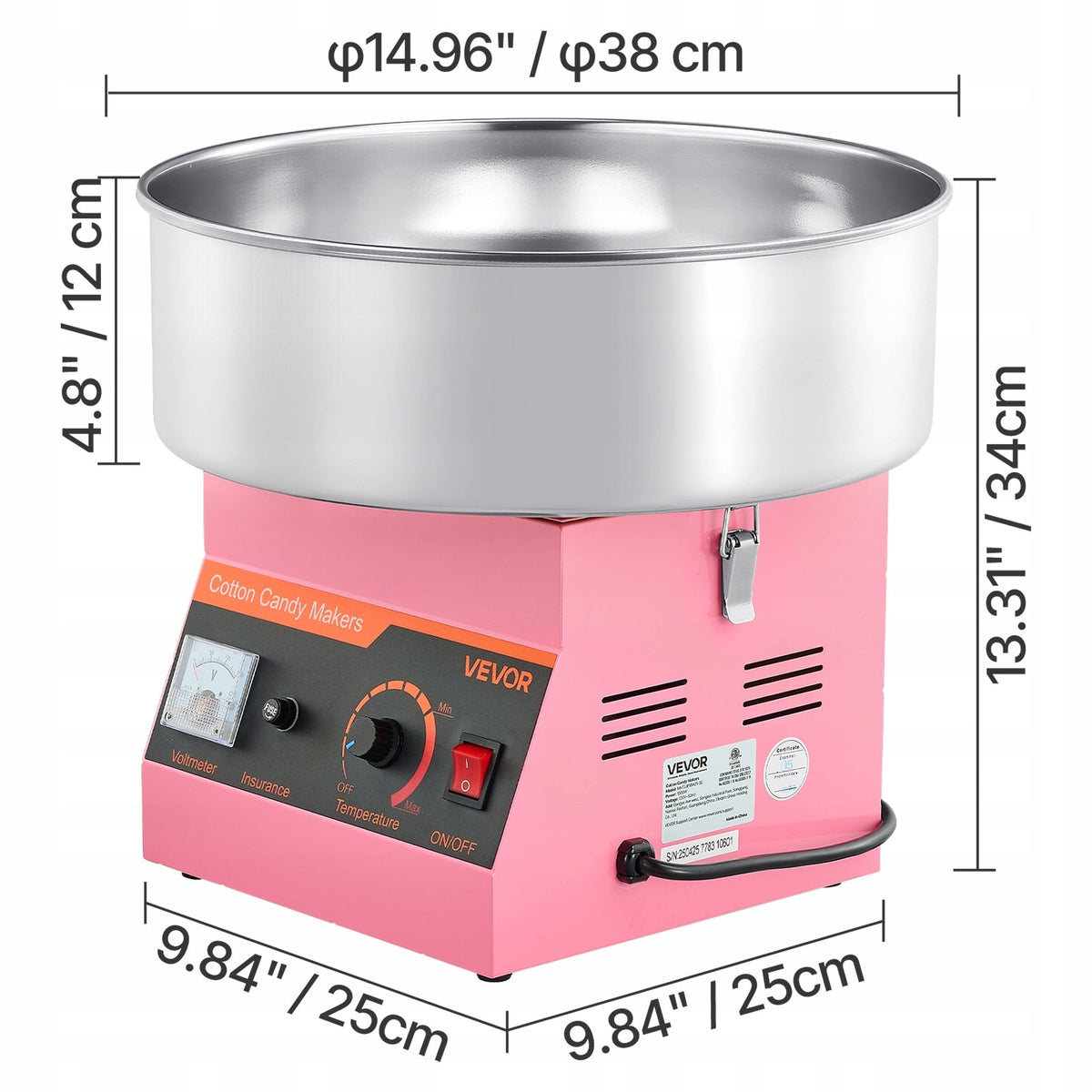 VEVOR COTTON CANDY MACHINE 1000W WITH 38CM STAINLESS STEEL BOWL