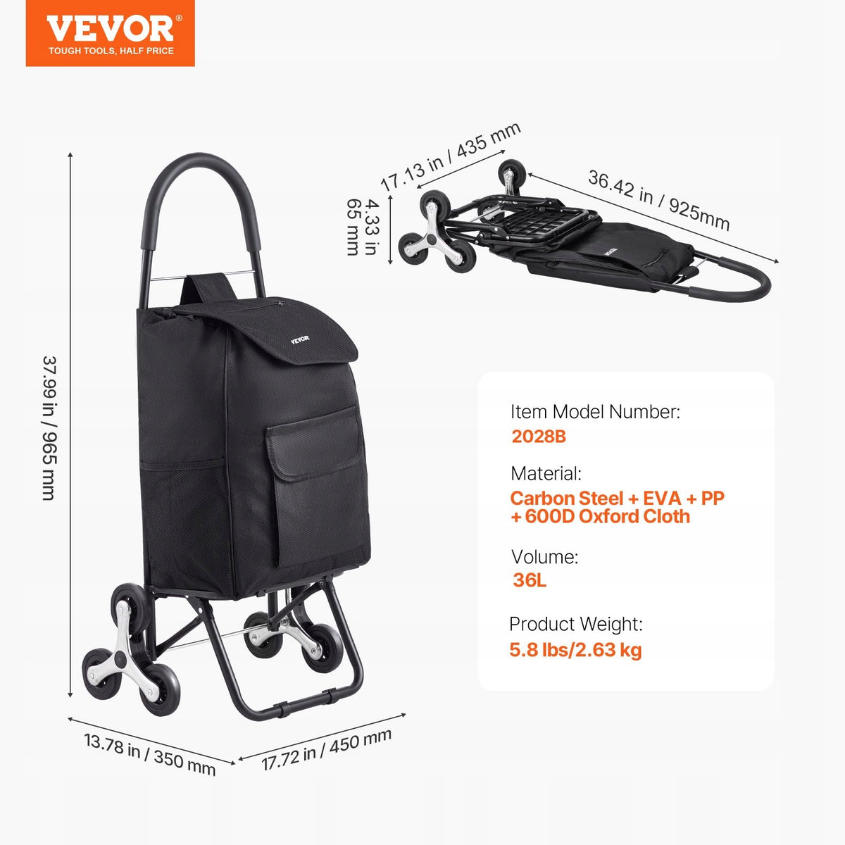 VEVOR PROFESSIONAL FOLDABLE STAIR CLIMBER TROLLEY 36L 6 WHEELS 450X350X965 MM BLACK