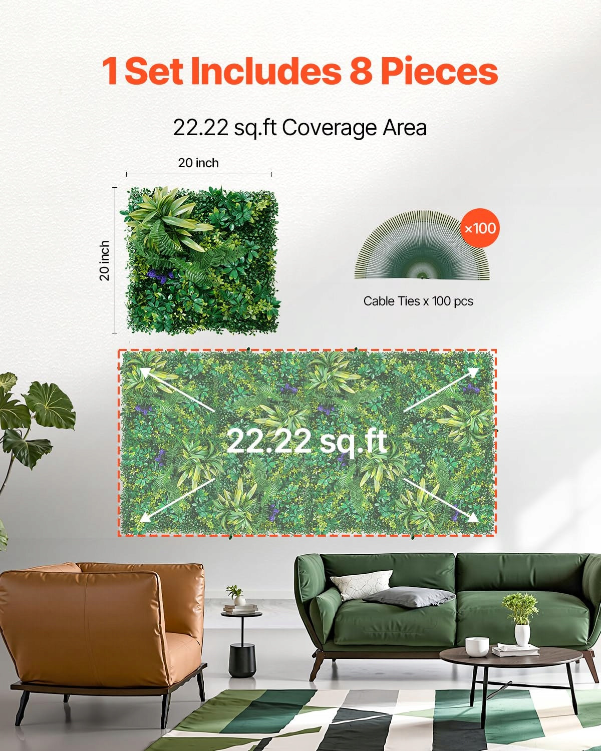 VEVOR ARTIFICIAL PLANT WALL 8 PCS 500X500X50MM 3D PREMIUM COMBINATION