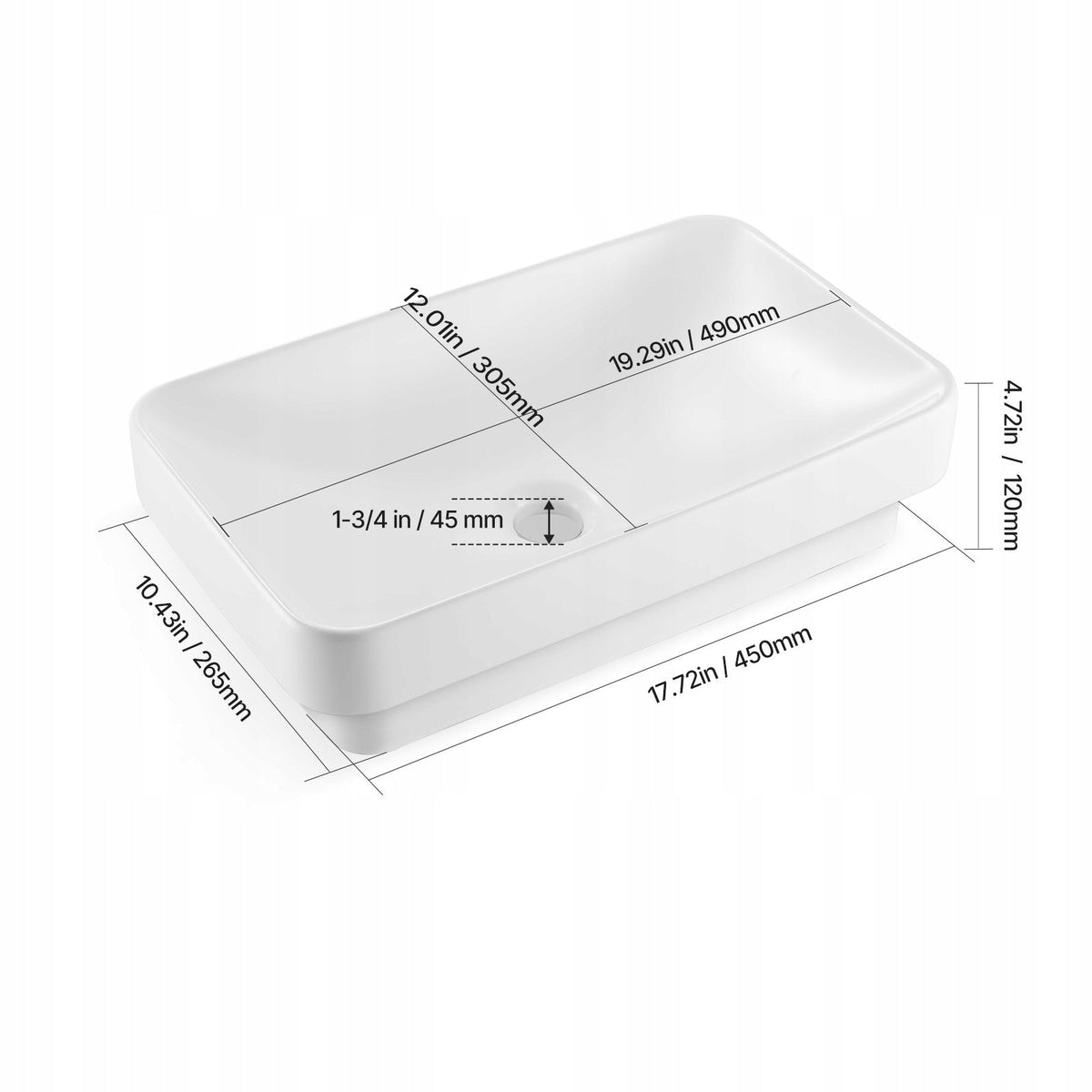 VEVOR PROFESSIONAL SEMI-RECESSED RECTANGULAR SINK 490X305 MM WHITE