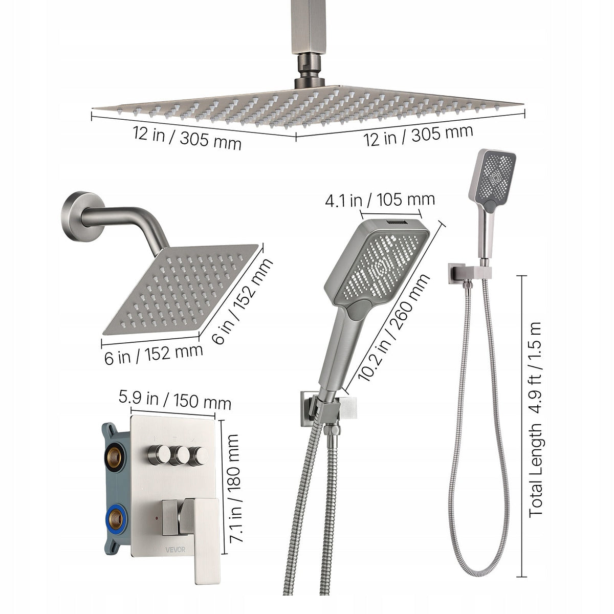 PROFESSIONAL SHOWER SET VEVOR 12 INCH RAINFALL SHOWER HEAD 4-IN-1 HANDHELD SHOWER