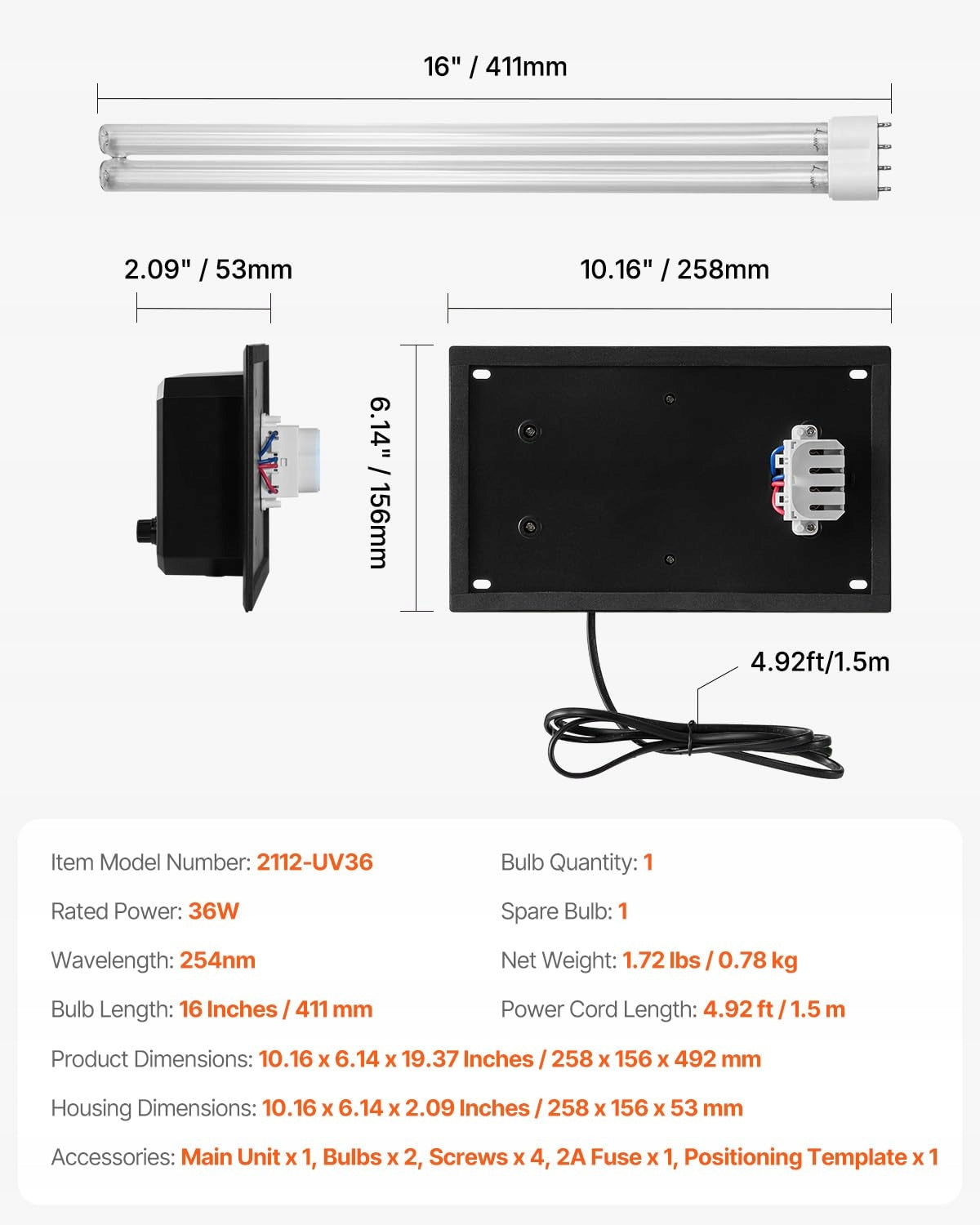 VEVOR HVAC AIR PURIFIER 36W UVC LAMP 254NM FOR HOME AIR CONDITIONING