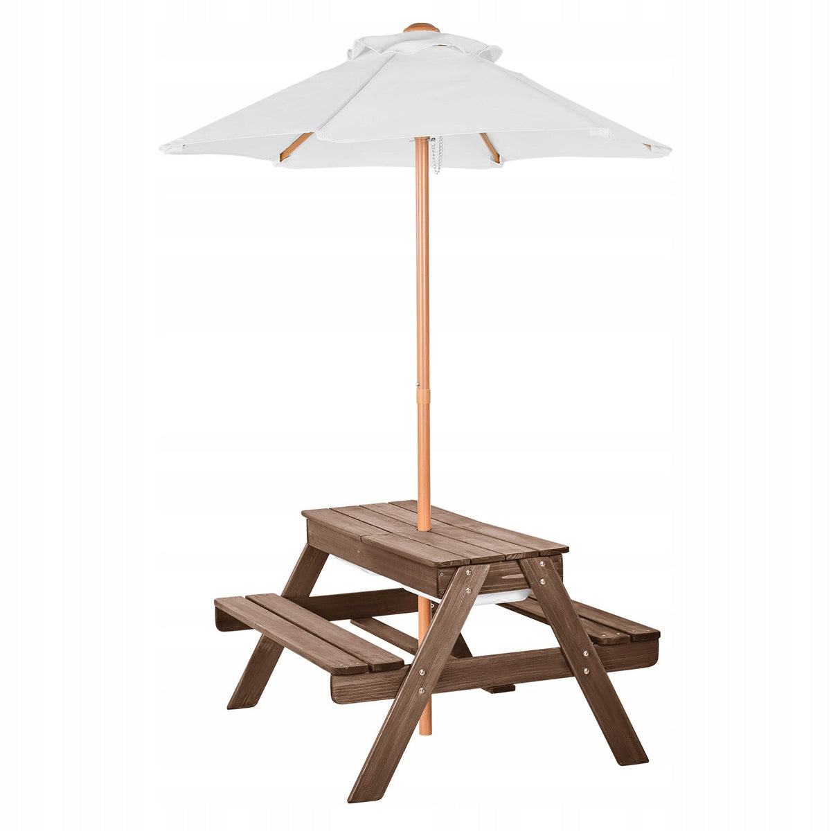 VEVOR PICNIC TABLE WITH REMOVABLE UMBRELLA AND 2 WOODEN BENCHES SOLID