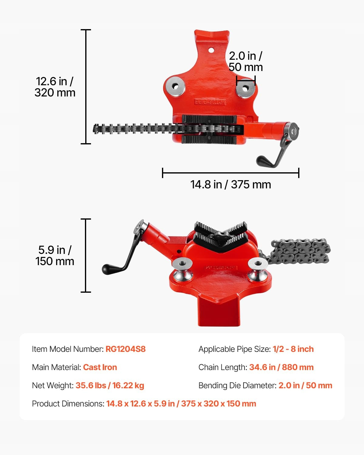 VEVOR PIPE CHAIN VICE 12.7-203.2 MM STRONG CAST IRON BEST