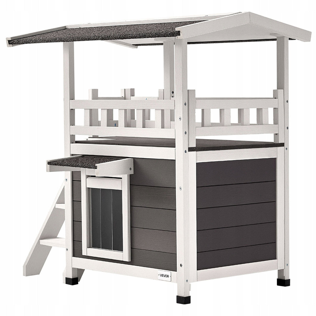 VEVOR TWO-TIER WOODEN CAT HOUSE WITH BALCONY AND STAIRS FOR