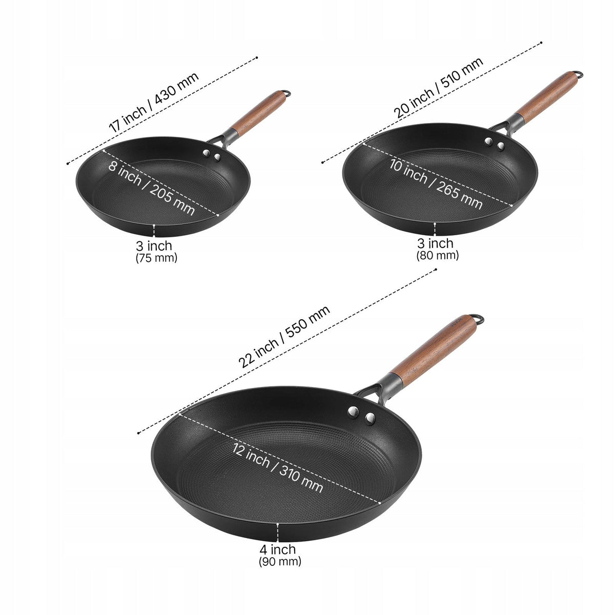 VEVOR CAST IRON FRYING PAN SET 205 265 310 MM DURABLE NON-STICK