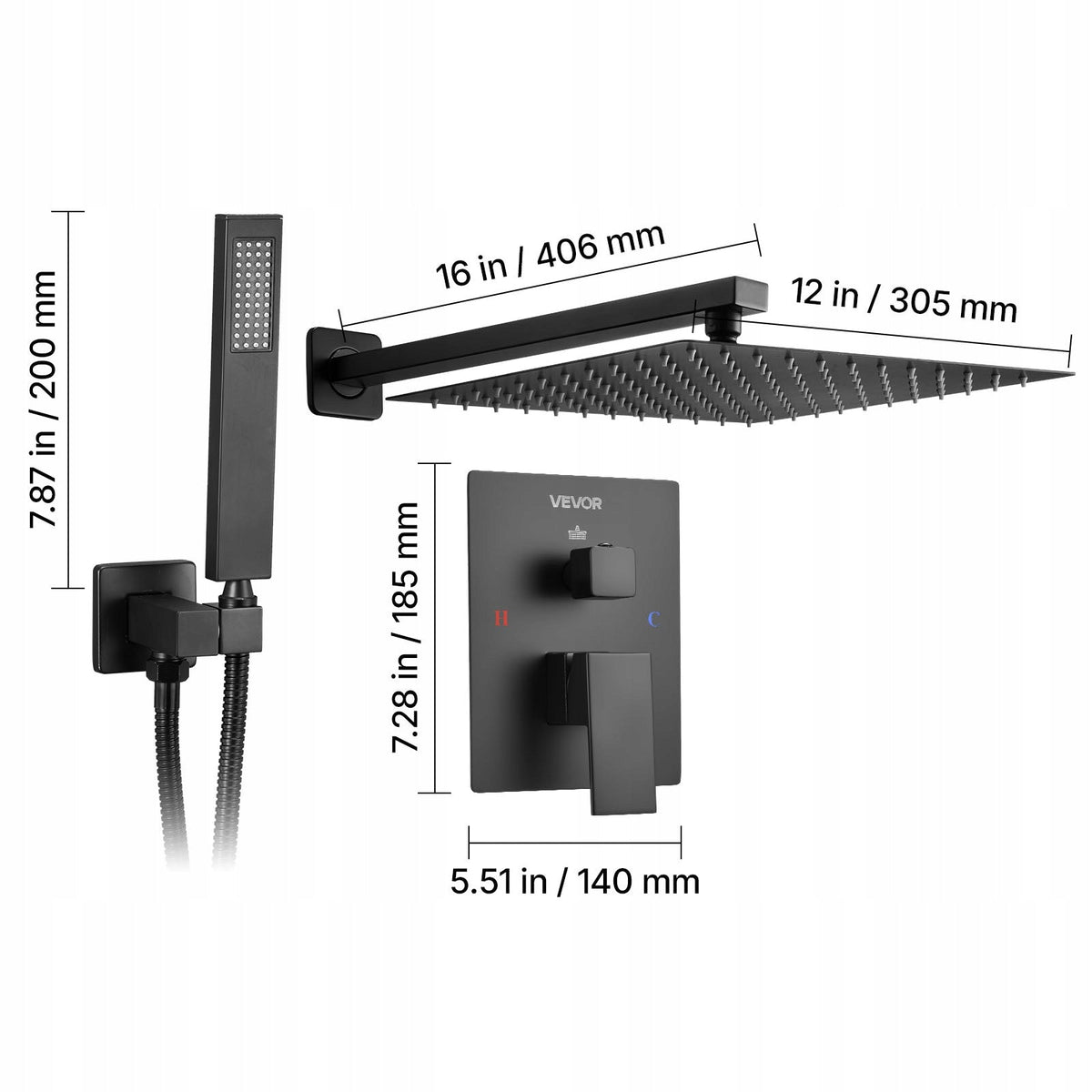 VEVOR PROFESSIONAL SHOWER FAUCET WITH 12-INCH SQUARE RAINFALL SHOWER HEAD