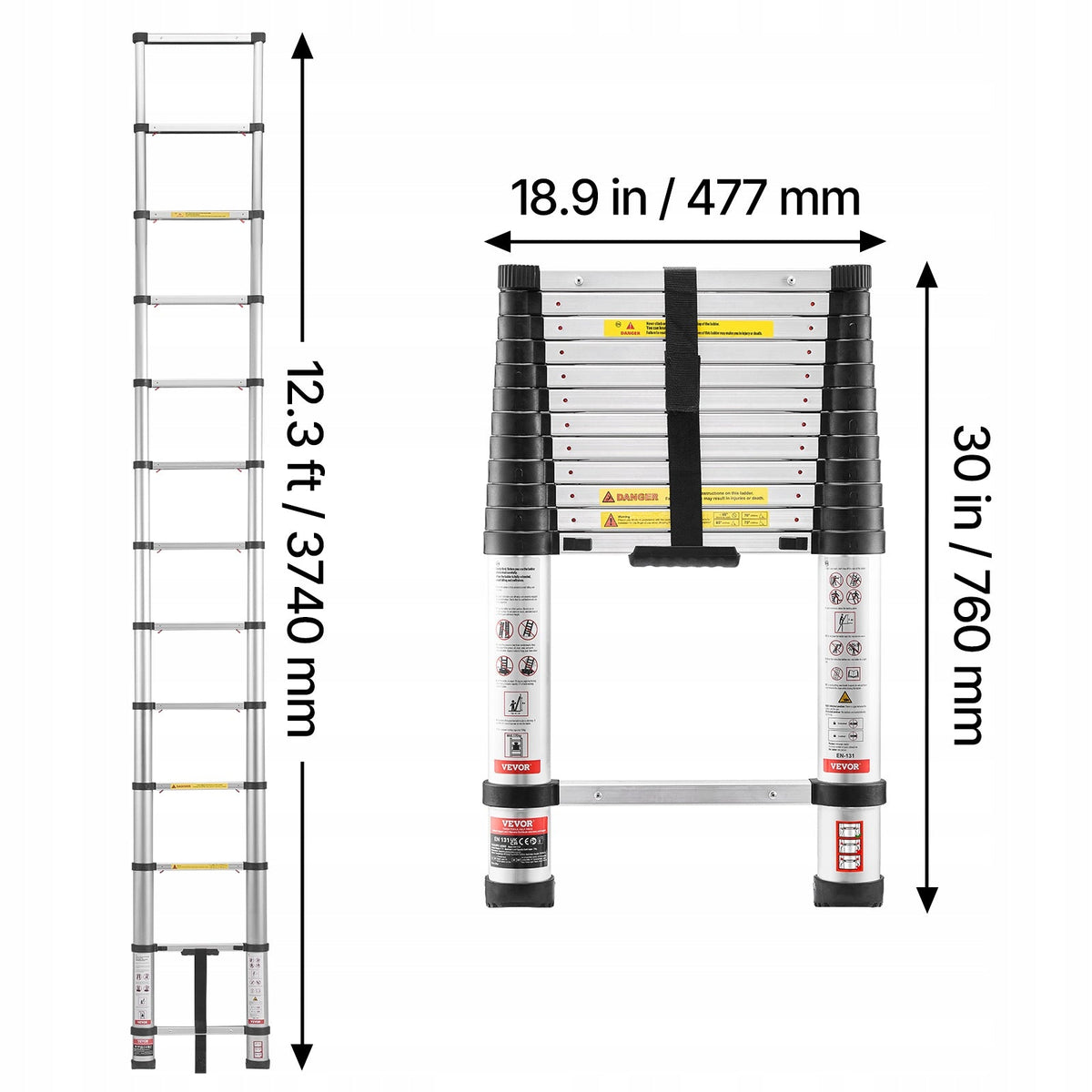VEVOR 3740 MM TELESCOPIC LADDER, FOLDABLE ALUMINIUM, STRONG, 150 KG