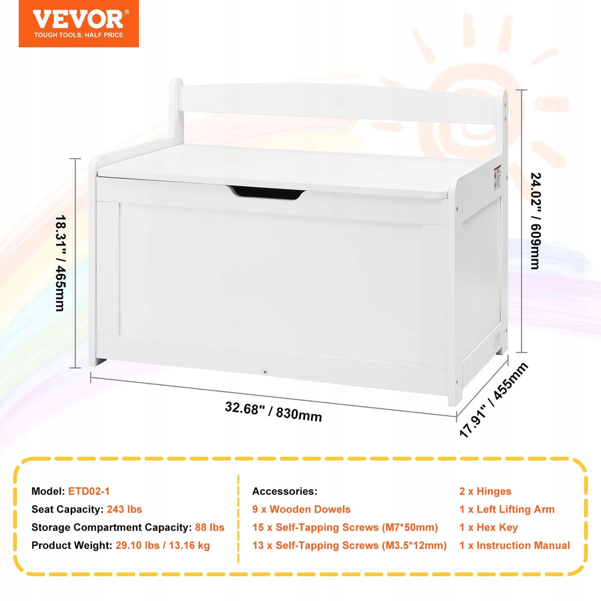 VEVOR KIDS BENCH WITH STORAGE, WOODEN, WHITE, STURDY