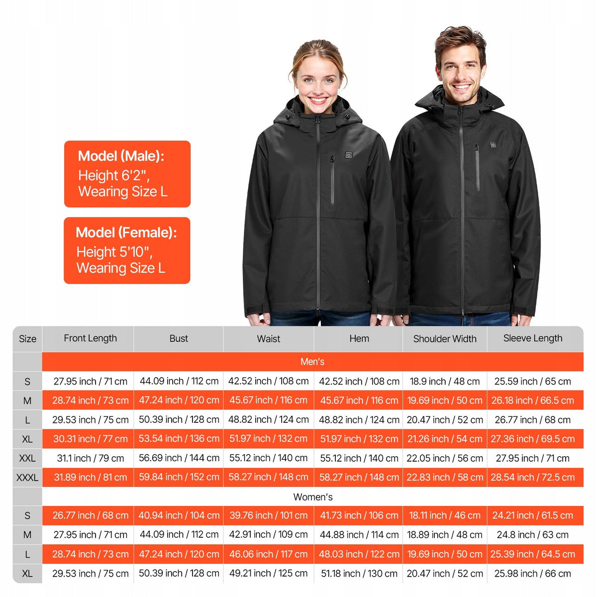 VEVOR HEATED JACKET FOR MEN WITH 7.4V BATTERY, 5 HEATING ZONES, WATERPROOF