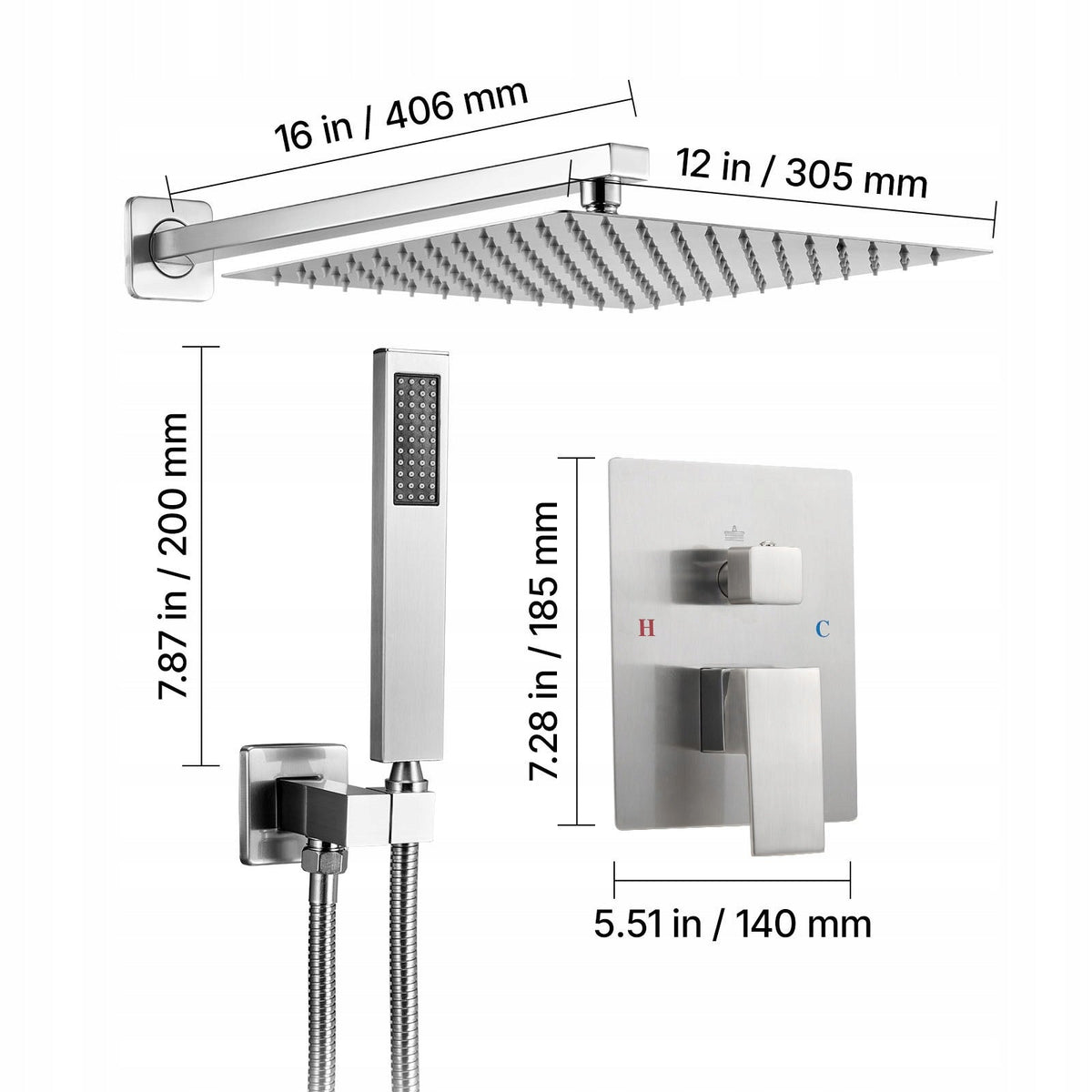 VEVOR PROFESSIONAL SHOWER FAUCET WITH 12-INCH SQUARE RAIN SHOWER HEAD