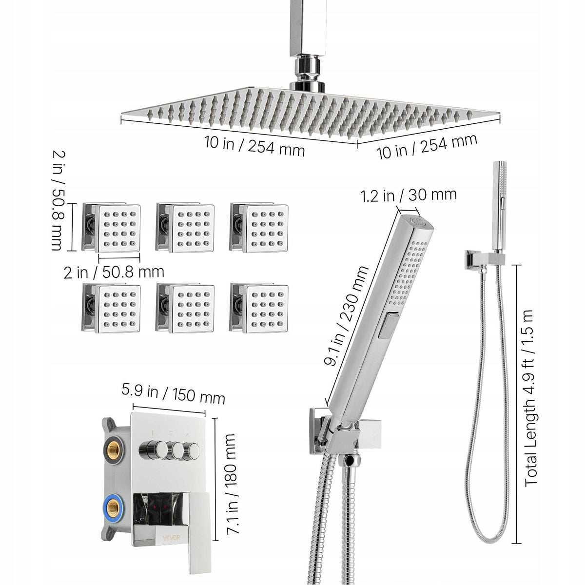 PREMIUM SHOWER SYSTEM VEVOR 10-INCH RAINFALL SHOWER HEAD 6 BODY JETS