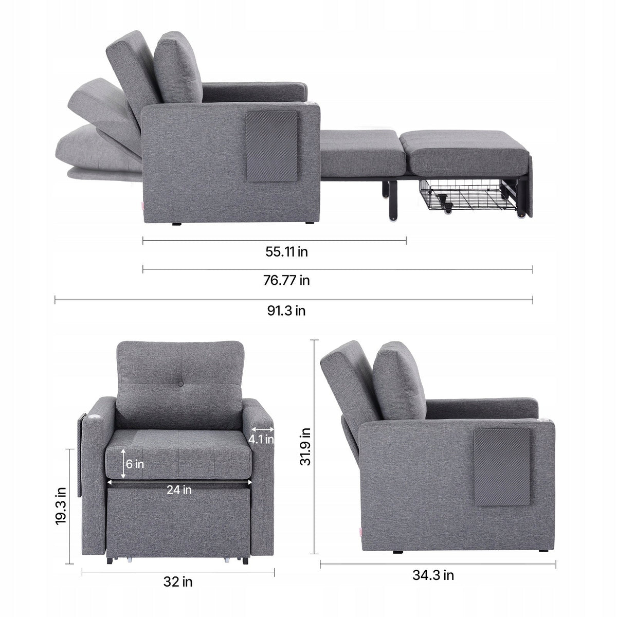 VEVOR PREMIUM SOFA BED WITH SIDE POCKET CUSHION ARMREST