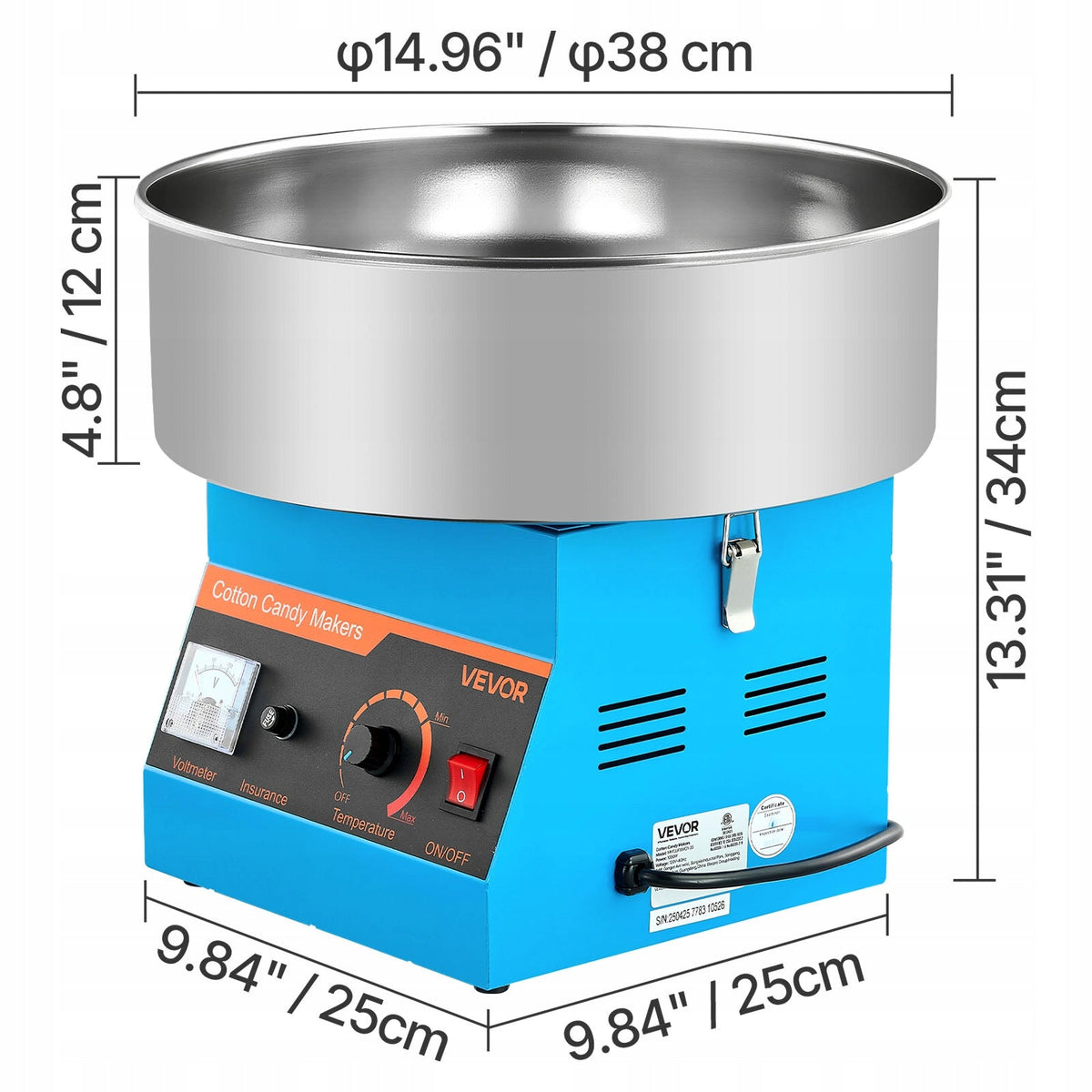 VEVOR 1000W COTTON CANDY MACHINE WITH 38CM STAINLESS STEEL BOWL